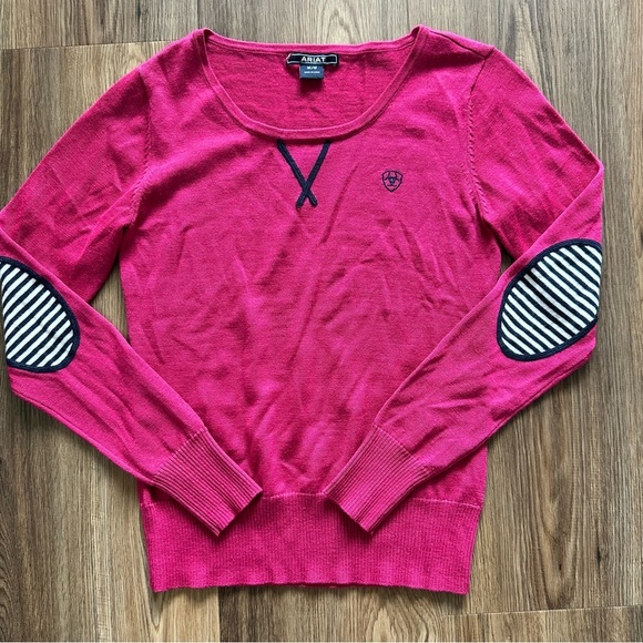 Ariat Women Sweater Medium Pink Merino Wool Blend Long Sleeve Elbow Patch Knit - Picture 1 of 9